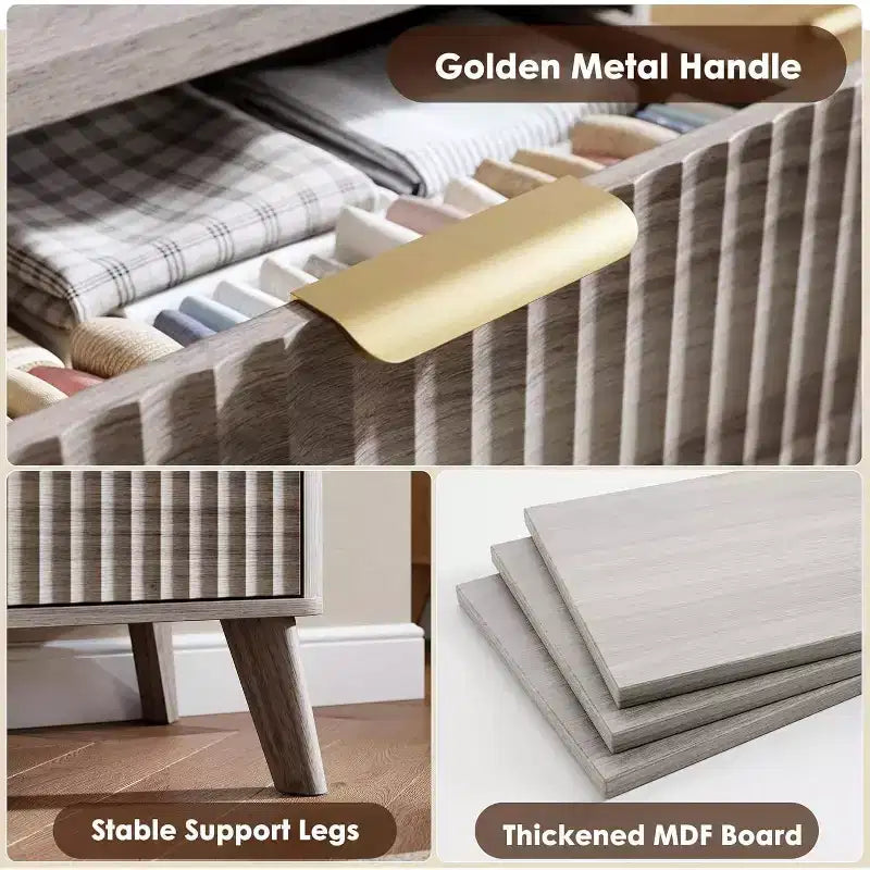 Commode cannelée pour chambre à coucher avec 5 tiroirs profonds, commode haute de 120 cm