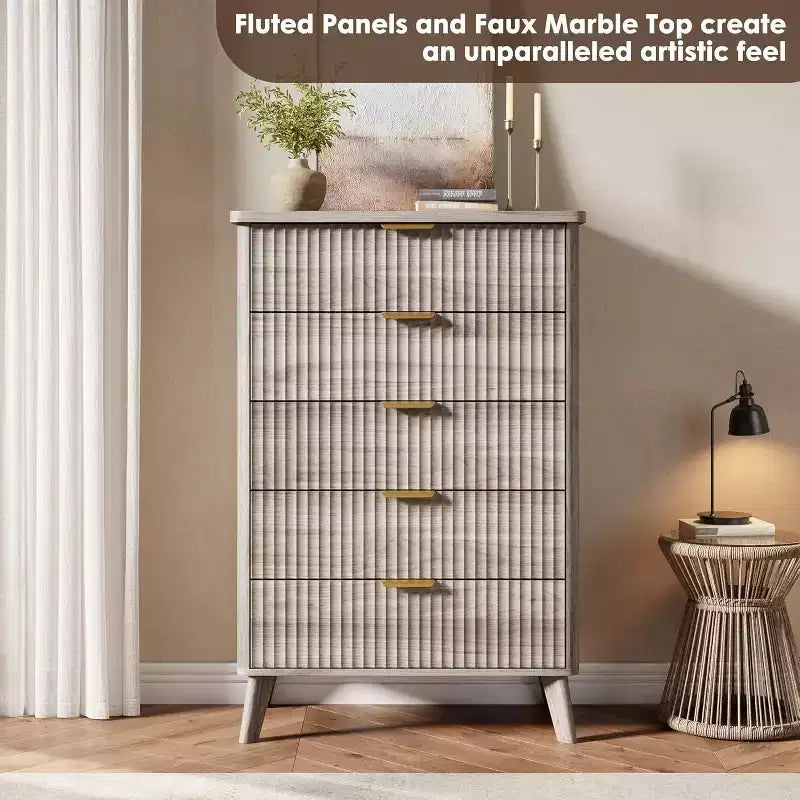 Commode cannelée pour chambre à coucher avec 5 tiroirs profonds, commode haute de 120 cm