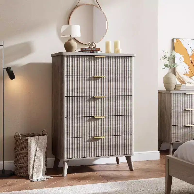 Commode cannelée pour chambre à coucher avec 5 tiroirs profonds, commode haute de 120 cm