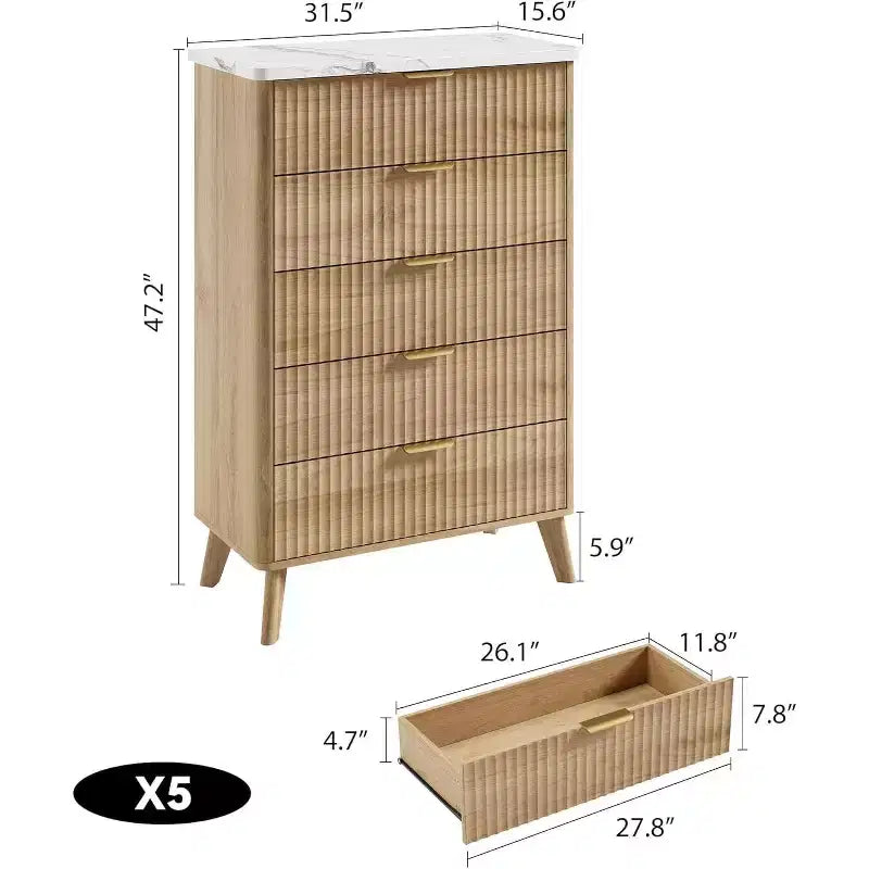 Commode cannelée pour chambre à coucher avec 5 tiroirs profonds, commode haute de 120 cm