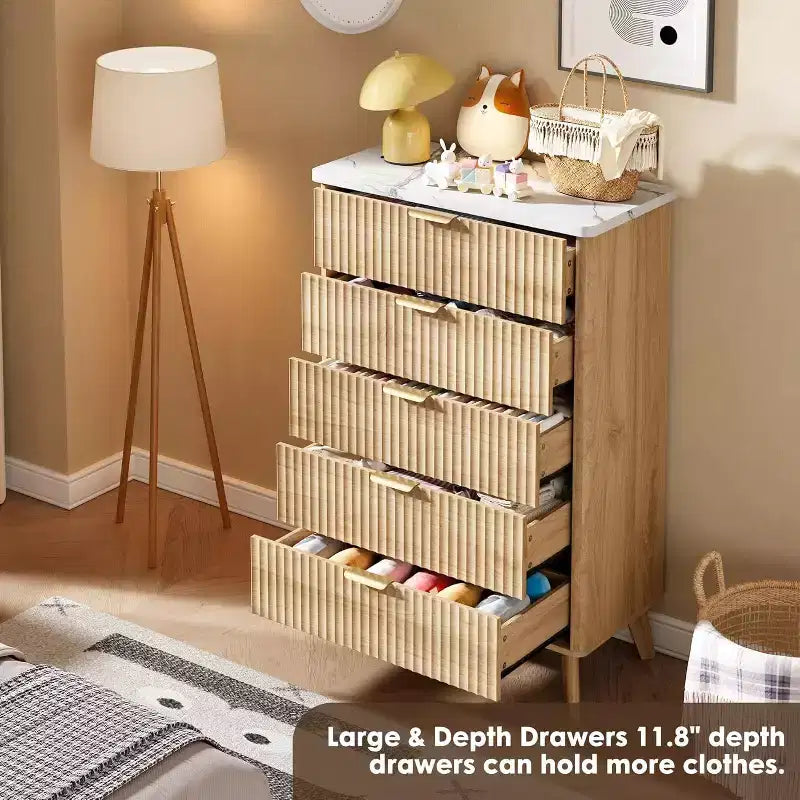 Commode cannelée pour chambre à coucher avec 5 tiroirs profonds, commode haute de 120 cm