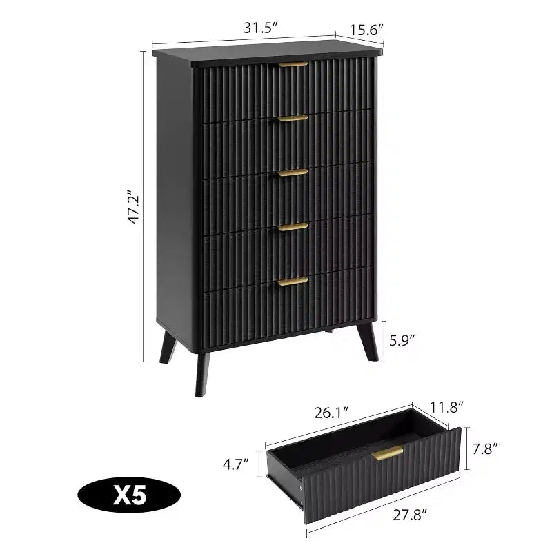Commode cannelée pour chambre à coucher avec 5 tiroirs profonds, commode haute de 120 cm