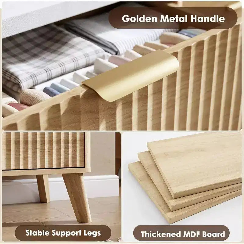 Commode cannelée pour chambre à coucher avec 5 tiroirs profonds, commode haute de 120 cm