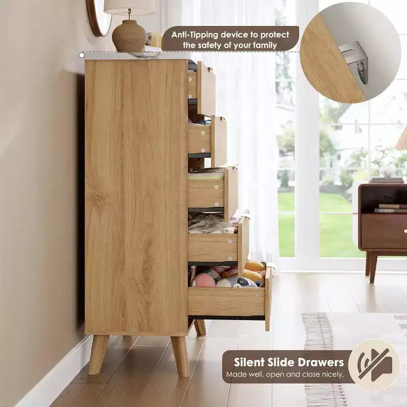 Commode cannelée pour chambre à coucher avec 5 tiroirs profonds, commode haute de 120 cm
