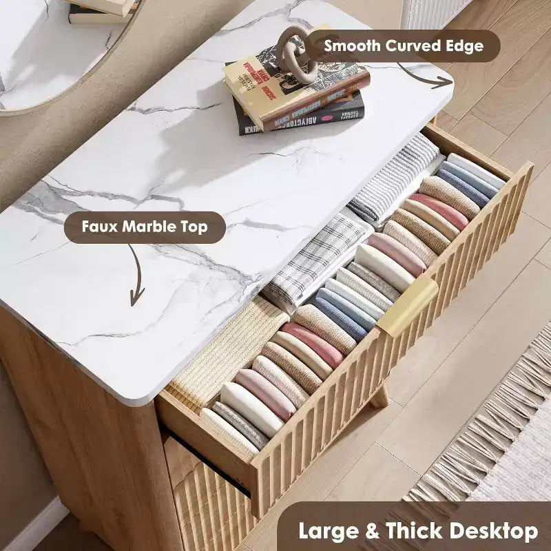 Commode cannelée pour chambre à coucher avec 5 tiroirs profonds, commode haute de 120 cm
