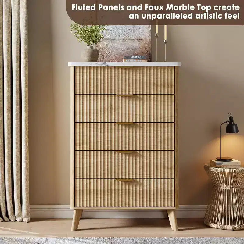 Commode cannelée pour chambre à coucher avec 5 tiroirs profonds, commode haute de 120 cm