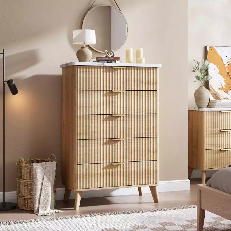 Commode cannelée pour chambre à coucher avec 5 tiroirs profonds, commode haute de 120 cm