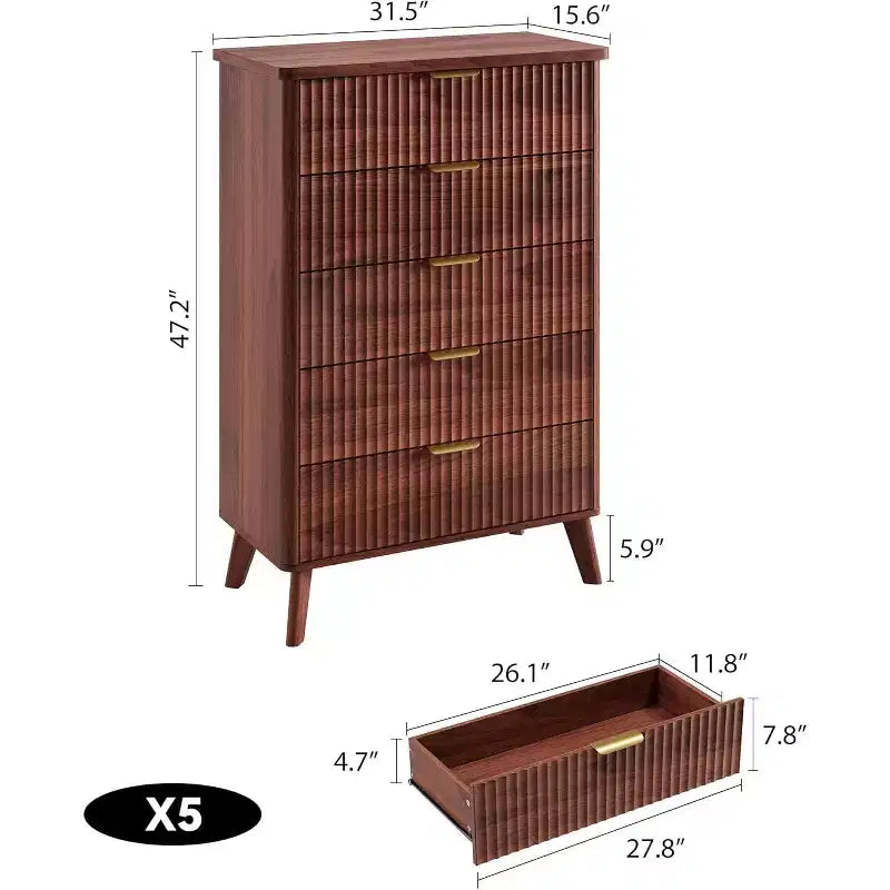 Commode cannelée pour chambre à coucher avec 5 tiroirs profonds, commode haute de 120 cm