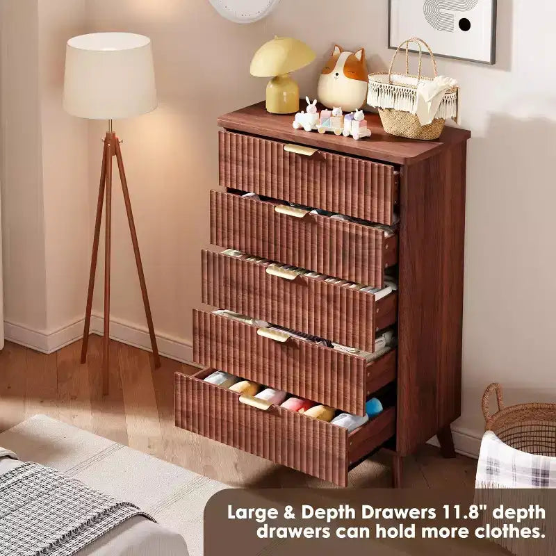 Commode cannelée pour chambre à coucher avec 5 tiroirs profonds, commode haute de 120 cm