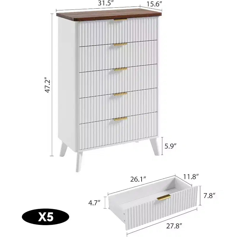 Commode cannelée pour chambre à coucher avec 5 tiroirs profonds, commode haute de 120 cm