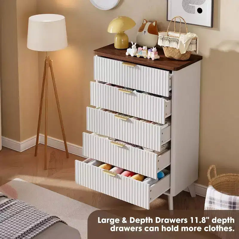 Commode cannelée pour chambre à coucher avec 5 tiroirs profonds, commode haute de 120 cm