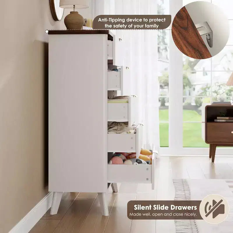 Commode cannelée pour chambre à coucher avec 5 tiroirs profonds, commode haute de 120 cm