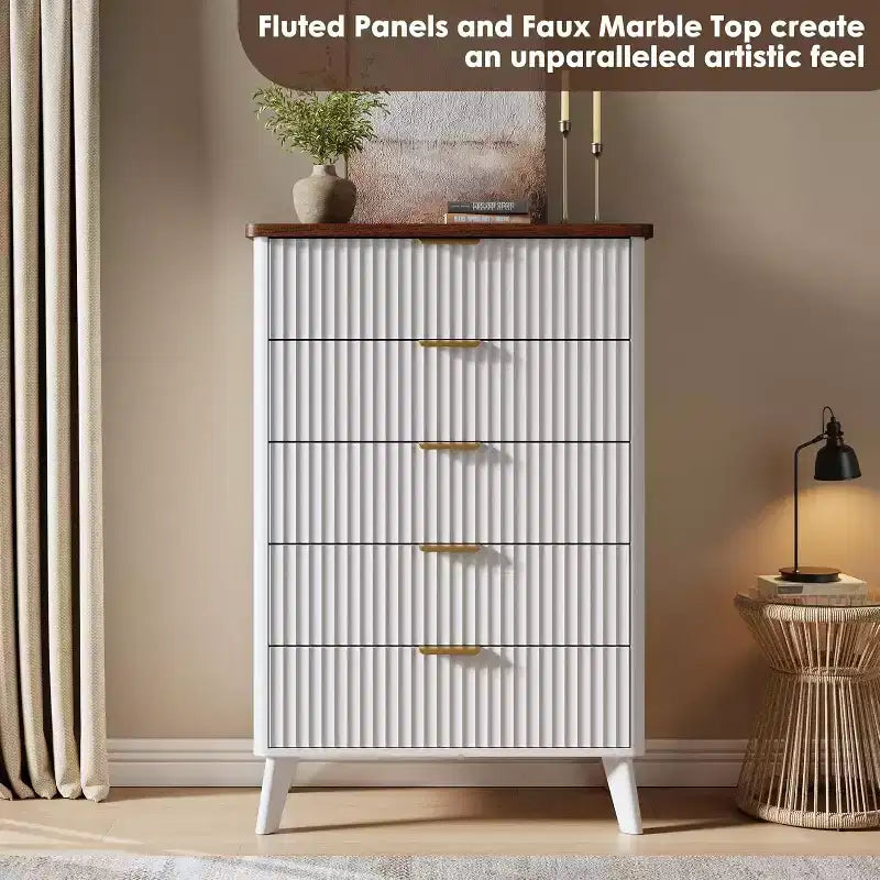 Commode cannelée pour chambre à coucher avec 5 tiroirs profonds, commode haute de 120 cm