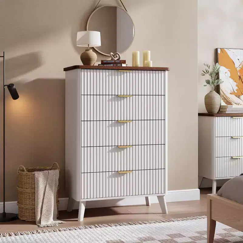 Commode cannelée pour chambre à coucher avec 5 tiroirs profonds, commode haute de 120 cm