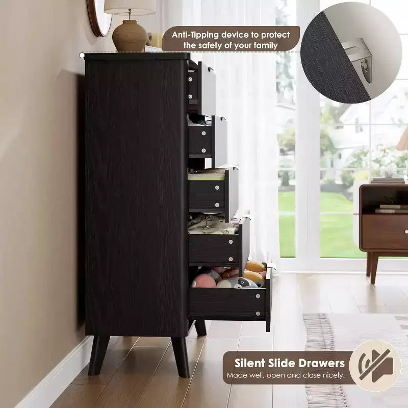 Commode cannelée pour chambre à coucher avec 5 tiroirs profonds, commode haute de 120 cm