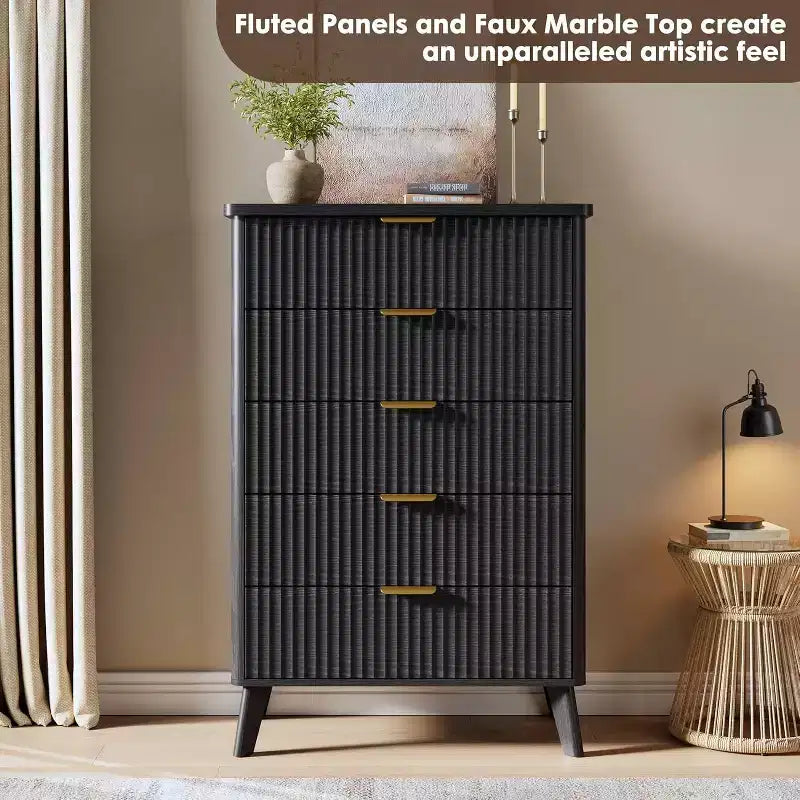Commode cannelée pour chambre à coucher avec 5 tiroirs profonds, commode haute de 120 cm