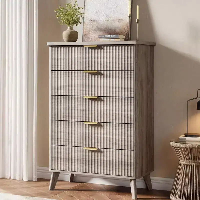 Commode cannelée pour chambre à coucher avec 5 tiroirs profonds, commode haute de 120 cm