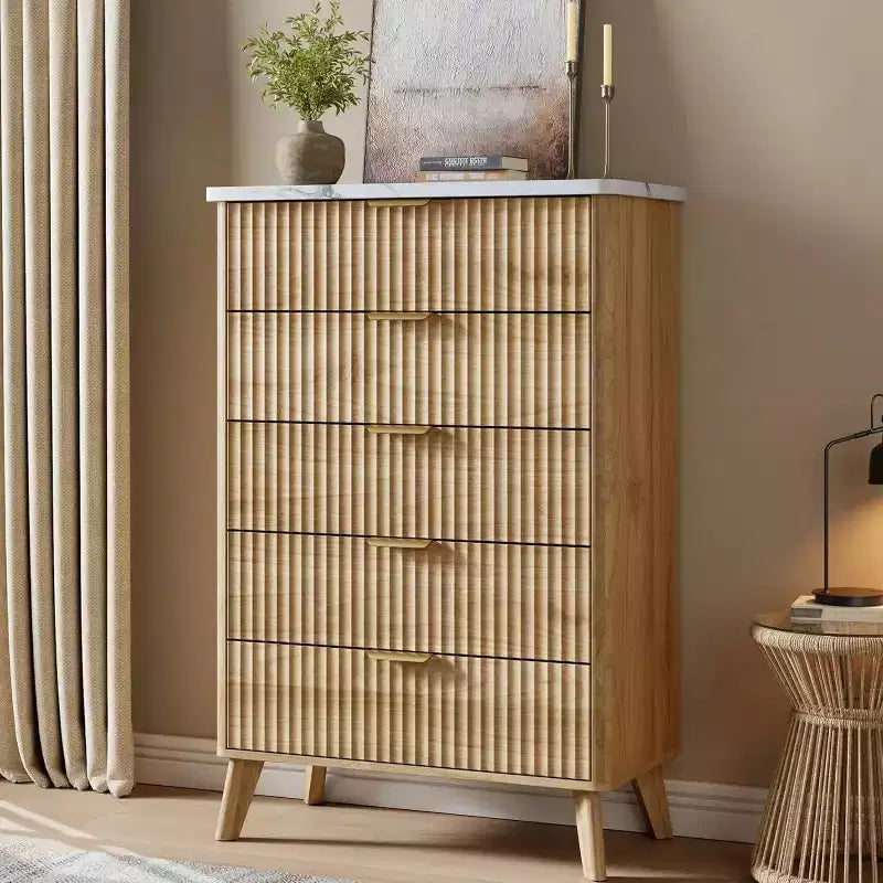 Commode cannelée pour chambre à coucher avec 5 tiroirs profonds, commode haute de 120 cm