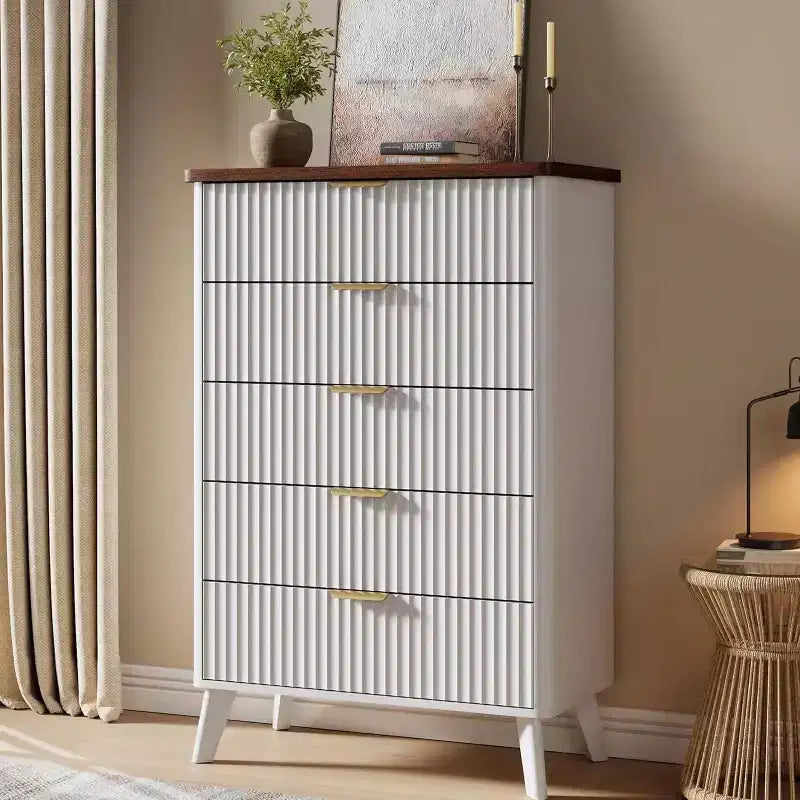 Commode cannelée pour chambre à coucher avec 5 tiroirs profonds, commode haute de 120 cm