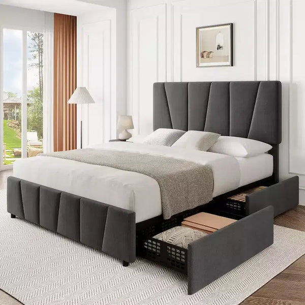 COZONY Twin/Queen Bed Frame with Adjustable Headboard & 4 Storage Drawers, Velvet Tufted Platform Bed