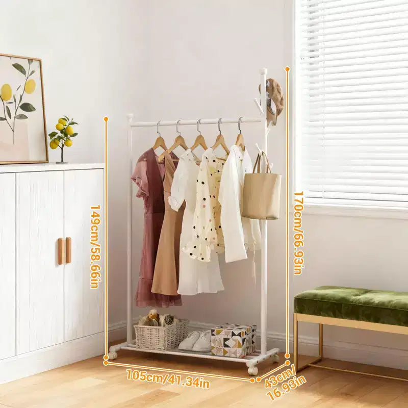 Portant à vêtements métallique avec roulettes, organisateur de vêtements roulant avec crochets
