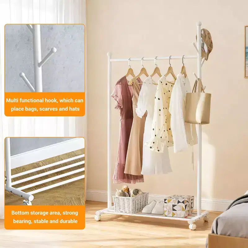 Portant à vêtements métallique avec roulettes, organisateur de vêtements roulant avec crochets