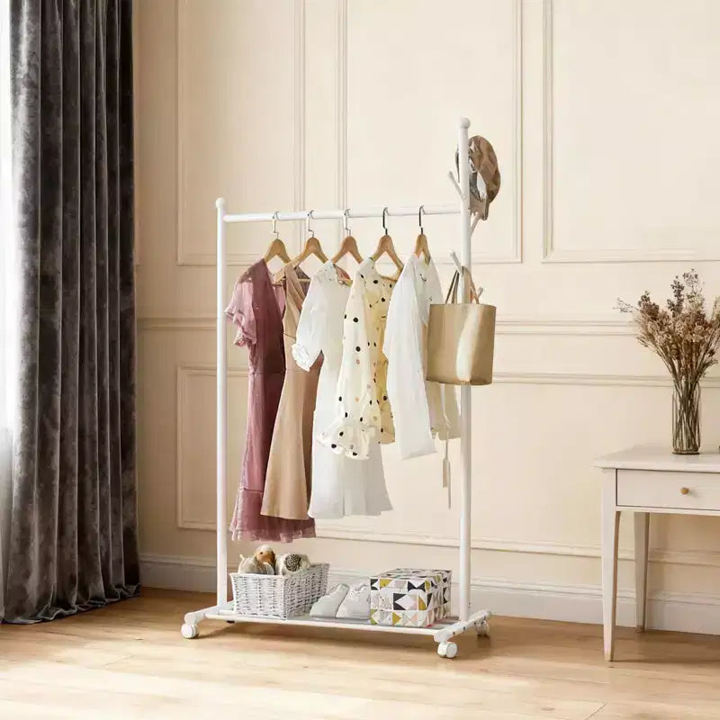 Portant à vêtements métallique avec roulettes, organisateur de vêtements roulant avec crochets