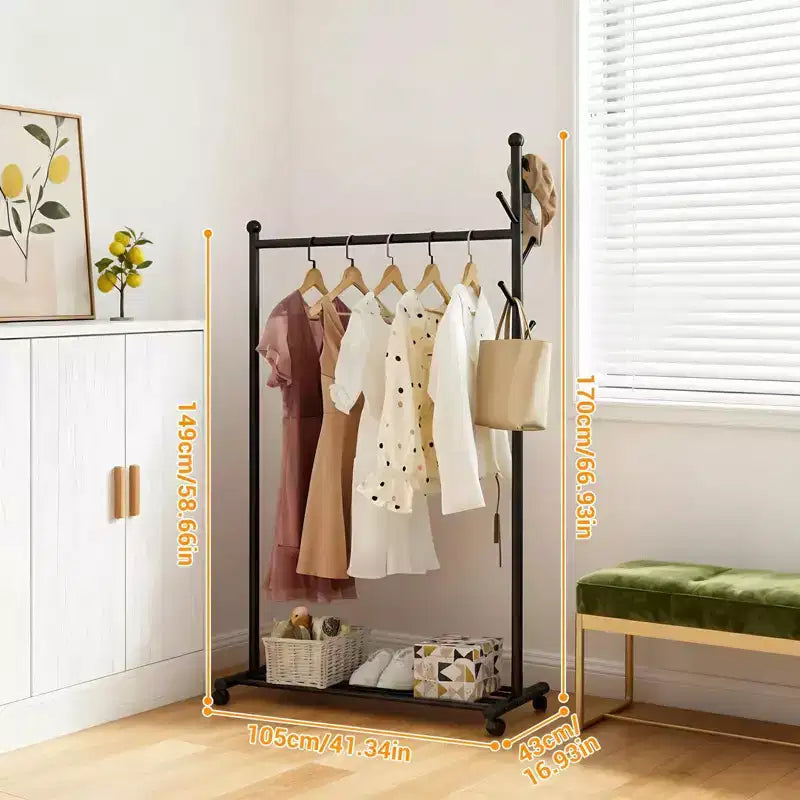 Portant à vêtements métallique avec roulettes, organisateur de vêtements roulant avec crochets